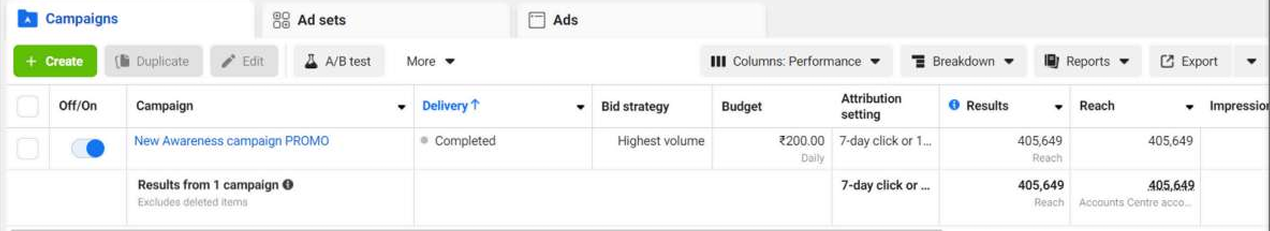 Meta Ads Campaign Result 1
